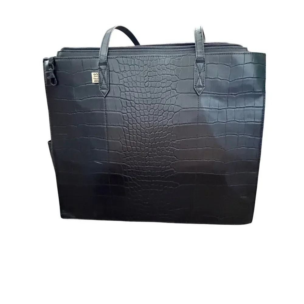 Beis The Work Tote Handbag Black Croc Faux Vegan Leather Shoulder Strap
